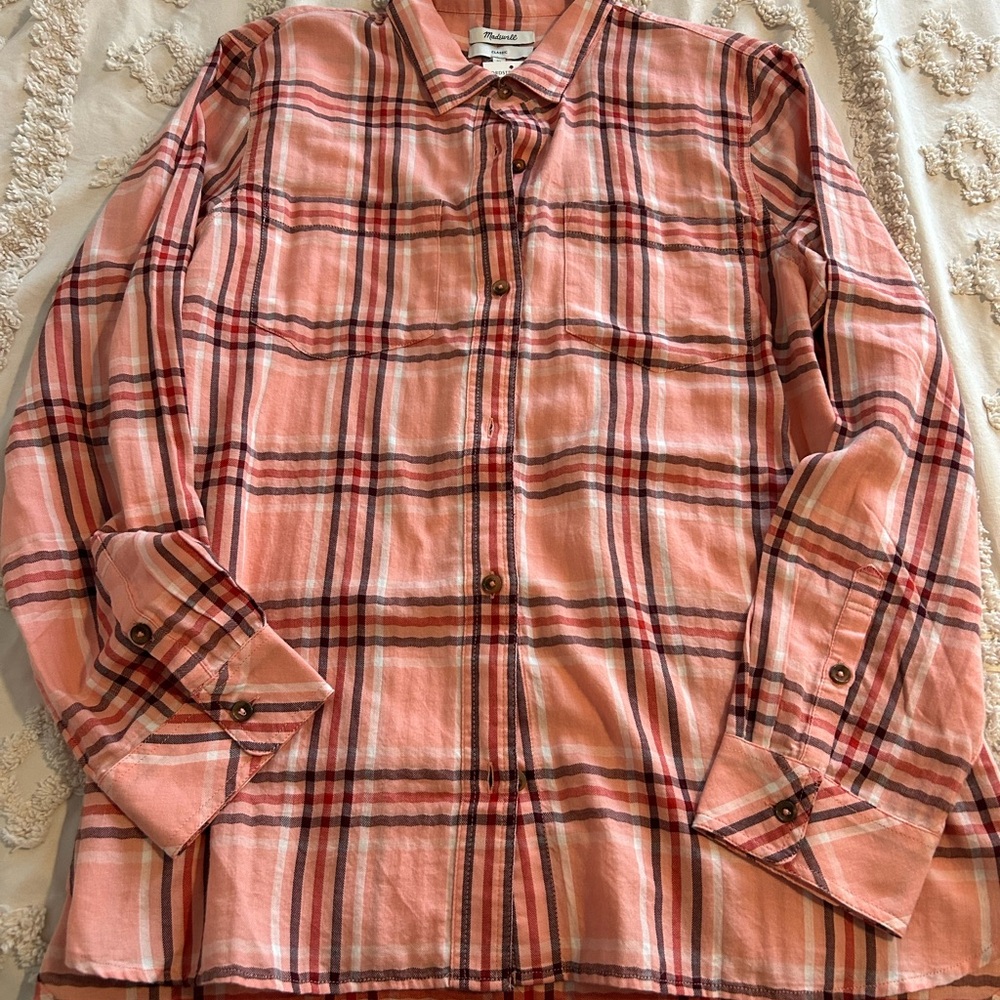 Madewell Coral and Burgundy Plaid Shirt